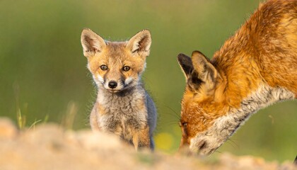 Obraz premium Fox family bonding in natural habitat curious fox kit looking at camera.