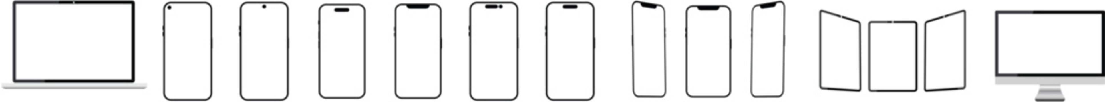 Set of Realistic LCD monitor, laptop, smartphone, TV LED, Tab, with transparent screen. Tablet gadget template, Group PC laptop mobile devices mockup. I phone iPad and mac LCD presentations