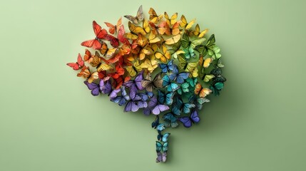 Fototapeta premium Vibrant tree of multicolored butterflies on green background.