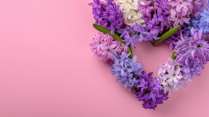 Obraz premium Heart-shaped hyacinth arrangement on pink background.