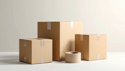 Cardboard moving boxes with packing tape on neutral background