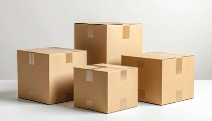 Cardboard moving boxes with packing tape on neutral background