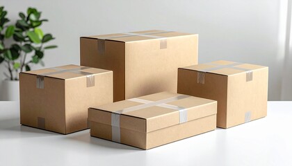 Cardboard moving boxes with packing tape on neutral background