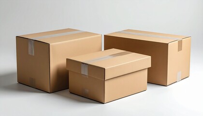 Cardboard moving boxes with packing tape on neutral background