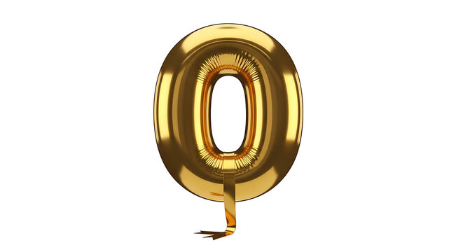 golden zero balloon inflated and shiny with a trailing ribbon isolated on white perfect for birthdays anniversaries or numerical graphics.
