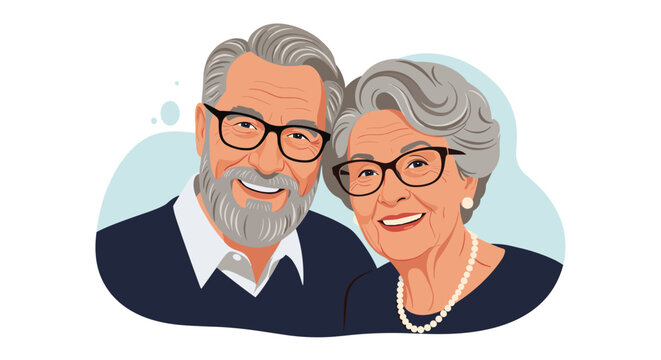 Cheerful senior couple smiling together with the man wearing glasses and a beard while the woman wears a pearl necklace and short grey hair.