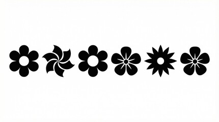 Sequence of six black flower silhouettes with varying petal designs on white background