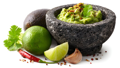 Stone bowl with fresh guacamole dip made from ripe avocados and spices on a white background
