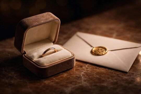 Goldring im Samtetui neben versiegeltem Brief auf Marmor als luxuri&ouml;ses Hochzeitsversprechen