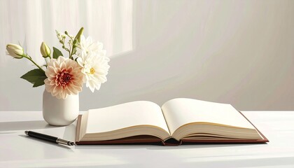 Minimal open book with pen and white flower