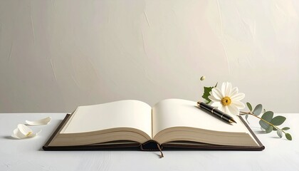 Minimal open book with pen and white flower