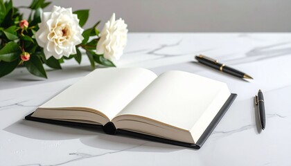 Minimal open book with pen and white flower