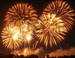 Golden fireworks burst in night sky