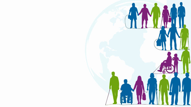 Colorful silhouettes demonstrate diversity concept around faint globe. Figures include individuals with varied abilities, emphasizing important diversity concept for all.