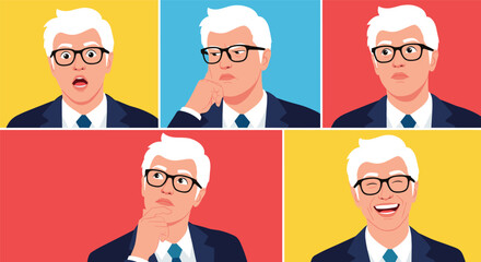 Fototapeta premium Set of five portraits showing different facial expressions of a senior businessman with white hair and glasses in a dark blue suit.