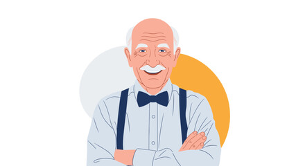 Obraz premium Friendly senior man with white hair wearing a bowtie and suspenders standing with arms crossed and a warm smile.