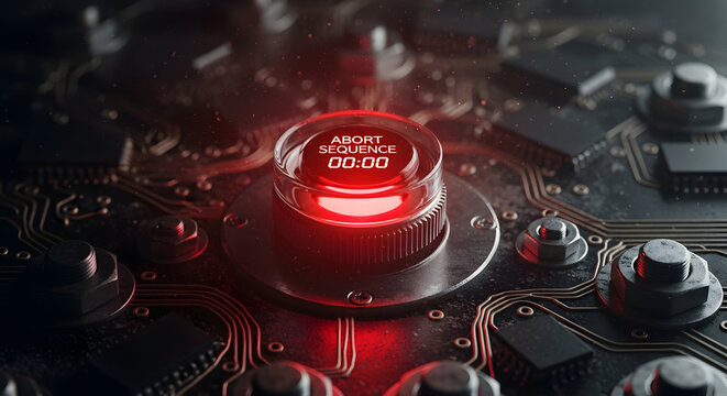 Macro view of red abort sequence button counting down symbolizing critical system failure and mission cancellation