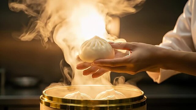 Hand Holding Steaming Pao Chinese Bun Above Bamboo Steamer Dramatic Lighting