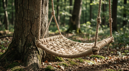 Obraz premium Rustic handmade rope swing in a sun-dappled forest. Nature recreation and relaxation. Childhood memories and simple outdoor play