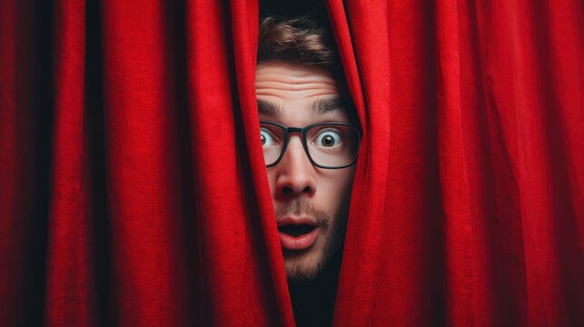 Surprised young caucasian male peeking through red curtains with glasses.