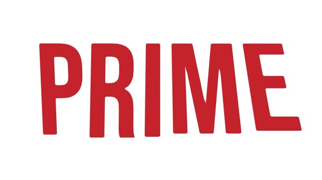 Bold slanted red capital letter PRIME text animation on white background. Premium quality, top tier service, and exclusive membership concept