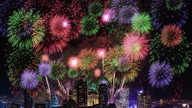 City skyline at night with vibrant fireworks exploding above buildings
