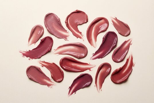 Rose pink berry crimson lipstick and lip gloss smears cosmetic scatter