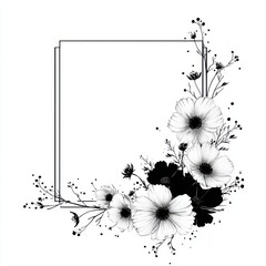 Fototapeta premium Floral frame border with black and white cosmos flowers