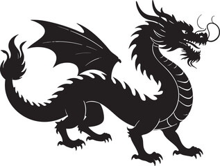 Adobe Illustrator Artwork of Black Silhouette Dragon with Long Tongue.  Stylized dragon silhouette with horns, sharp teeth, wings, and curling tongue, emphasizing fierce and majestic qualities.