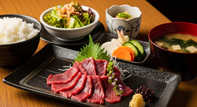 ご飯・味噌汁・サラダ・漬物がセットになった新鮮な馬刺しの馬肉定食