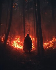 Naklejka premium A dark figure stands in shadows as flames engulf the forest. A sense of dread fills the air during Walpurgis Night.