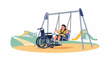 Fototapeta premium Smiling child enjoys inclusive playground, securely seated on adaptive swing set with harness at community park. Inclusive playground offers joyful experience for children with diverse abilities.