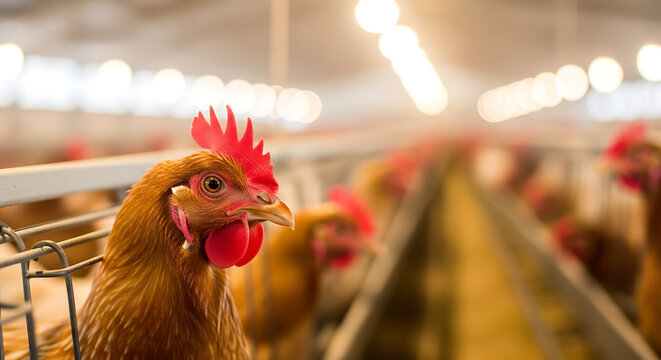 Hens standing in a row inside a brightly lit poultry farm facility with cages and other chickens in the background