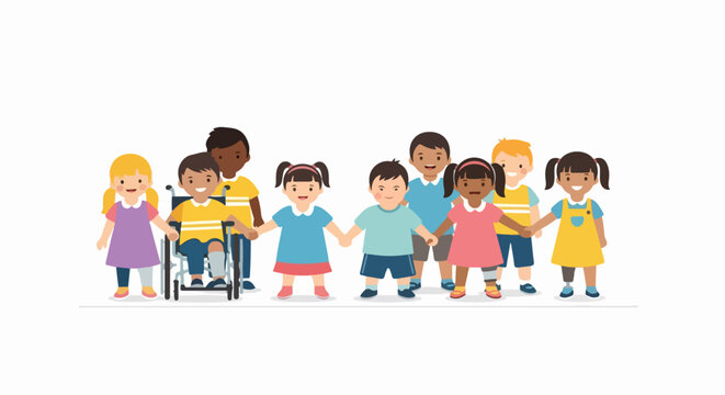 Illustration of children diversity, happy group holding hands, representing unity, friendship. Children diversity portrays various ethnicities and abilities, promoting acceptance, community.