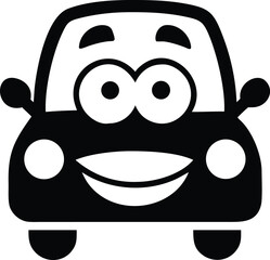 Funny cartoon car with smiling face and exaggerated proportions On white Background Vector illustration