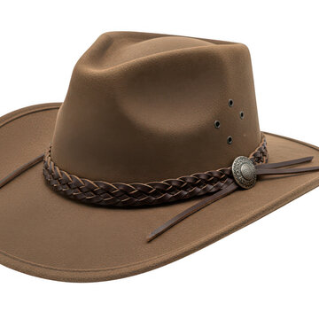 Brown cowboy hat with braided band isolated on transparent background