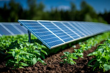 Fototapeta premium Solar panels support crop growth during summer months in agricultural field near wooded area where plants thrive in sunlight