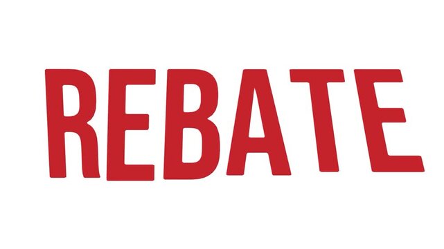 Bold red capital letter REBATE text animation on white background. Concept of cash back, financial refund, and retail incentive program