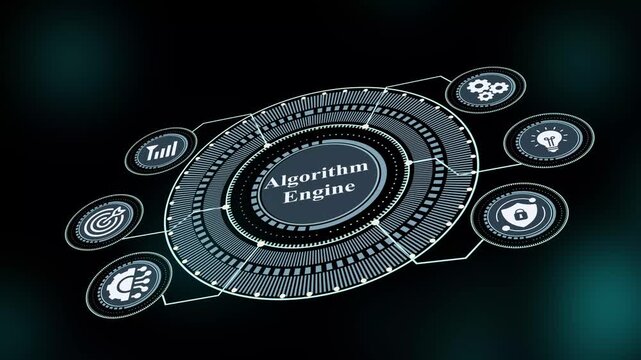 Algorithm engine interface showing circular analytics dashboard, data processing architecture and futuristic digital technology system.