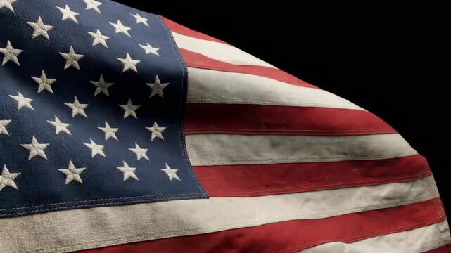 Vintage Sewn and Embroidered USA flag with visible fabric texture and stitches waving in the wind on dark backdrop