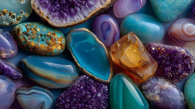 Close-up texture of polished semi-precious gemstones, featuring agates and jaspers in purple, teal, and amber hues with glossy surfaces.