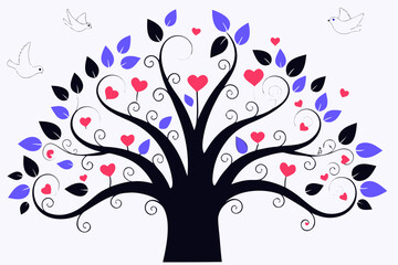 A whimsical illustration of a stylized love tree adorned with vibrant purple leaves, tiny red hearts, and two graceful doves.