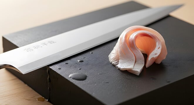 Macro View of a Sharp Blade Slicing Through Fresh Raw Bluefin Tuna Fillet