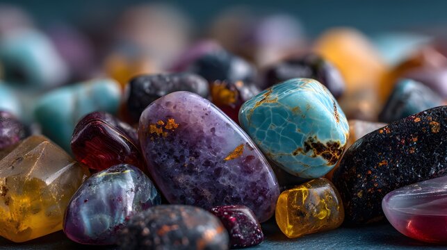 Close-up texture of polished semi-precious gemstones, featuring agates and jaspers in purple, teal, and amber hues with glossy surfaces.