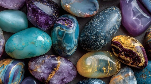 Close-up texture of polished semi-precious gemstones, featuring agates and jaspers in purple, teal, and amber hues with glossy surfaces.