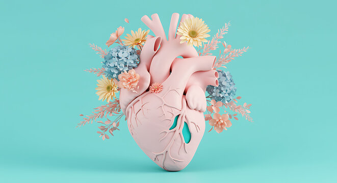 Delicate Pastel Heart Adorned with Soft Flowers Against a Serene Cyan Background