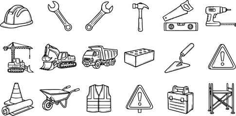 Obraz premium Hand-drawn Black White Line Art Construction Industry Icons Collection: Essential Tools, Vehicles, Equipment, and Safety Gear Set