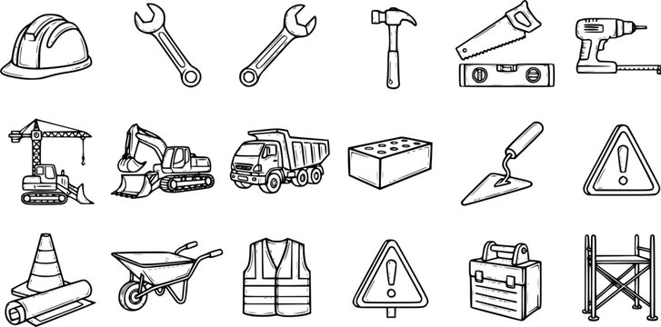 Hand-drawn Black  White Line Art Construction Industry Icons Collection: Essential Tools, Vehicles, Equipment, and Safety Gear Set