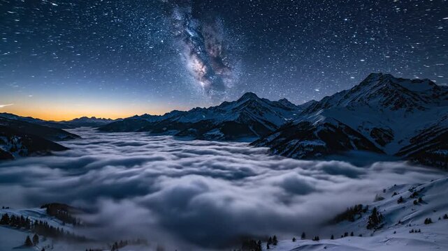 Golden sunrise illuminates snowy mountains above a cloud inversion