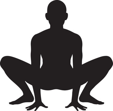 Silhouette of a person in a deep, wide squat (frog pose) ona  white background
